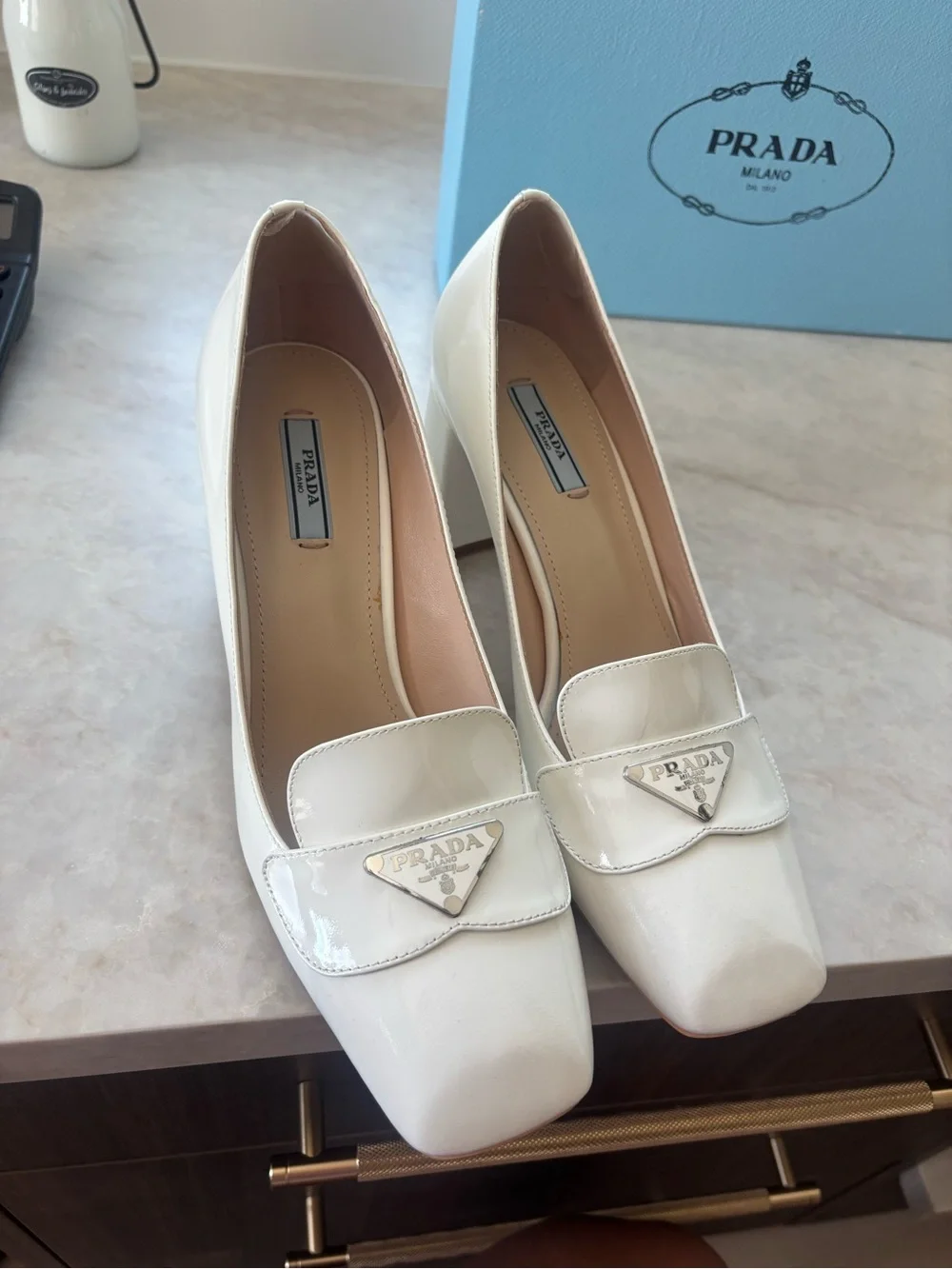 Prada Cream Patent Leather Mid Heel Loafers